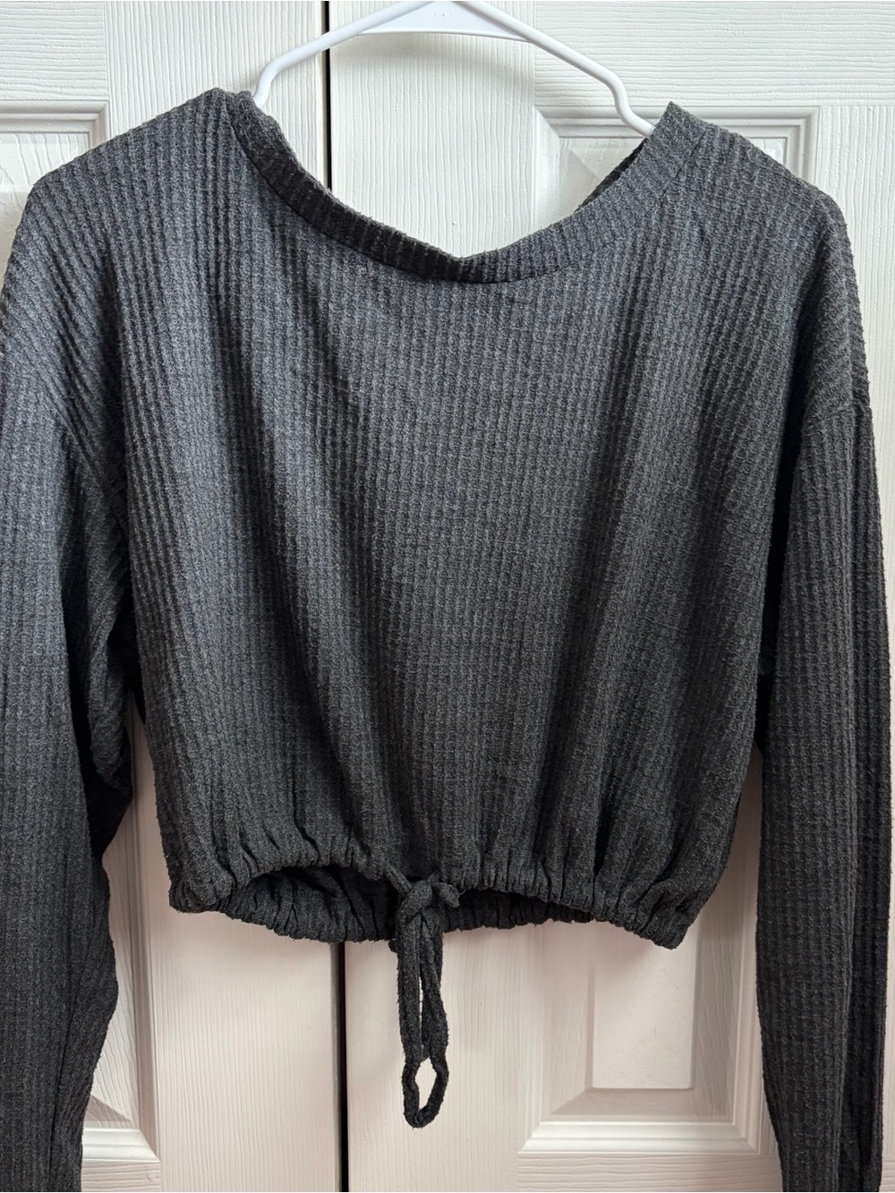 Waffle Knit Drawstring Cropped Long Sleeve Top with open back- Dark Gray